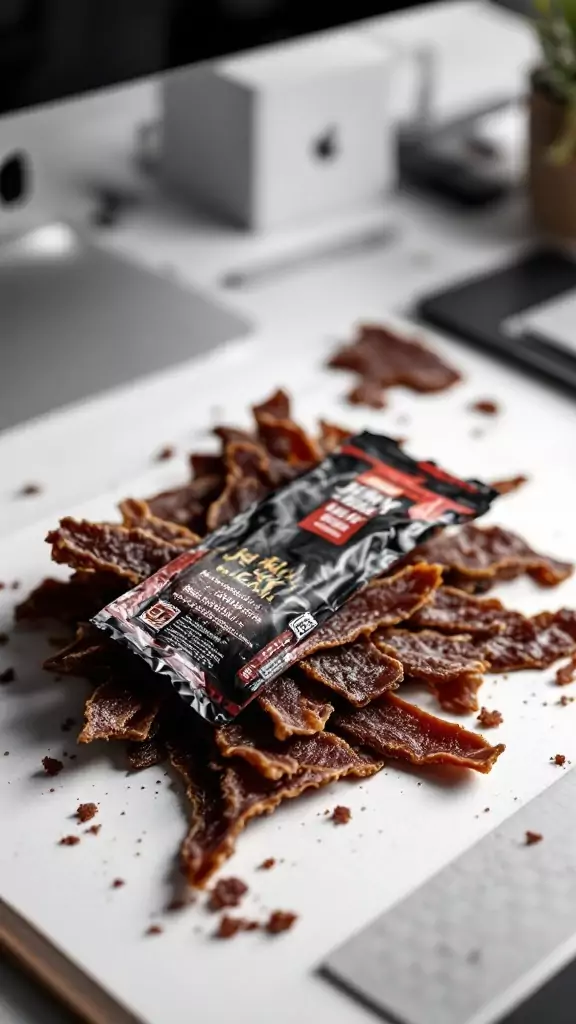 A pile of beef jerky sticks on a desk with a package in the center.