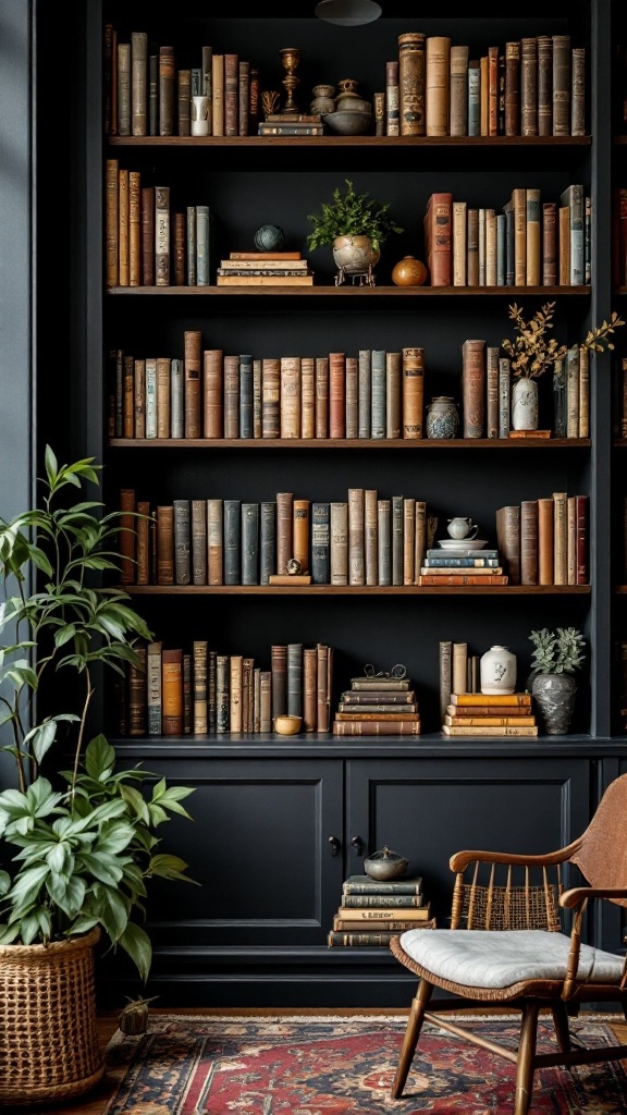 A beautifully styled bookshelf with vintage books, plants, and decorative items.