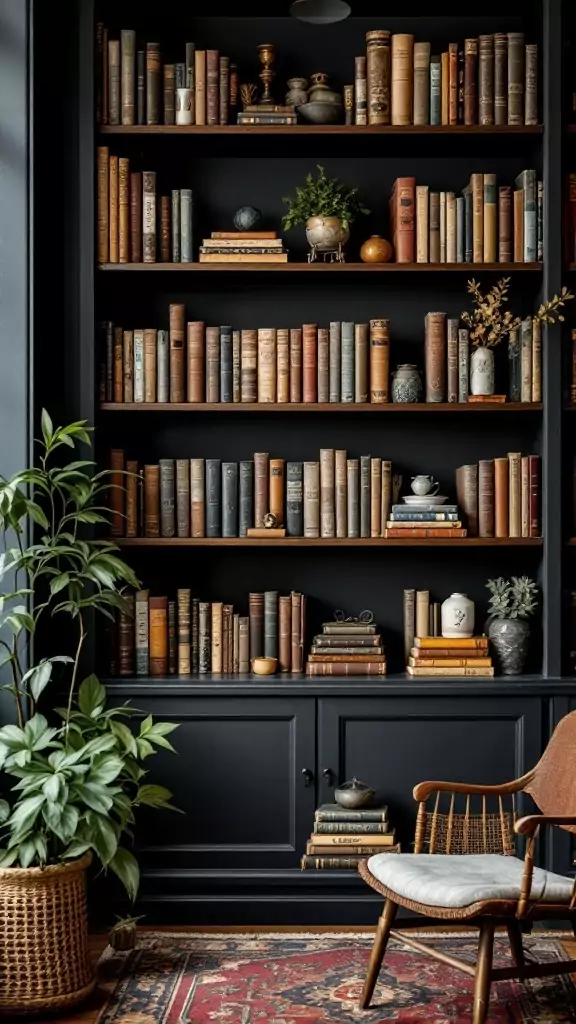 A beautifully styled bookshelf with vintage books, plants, and decorative items.