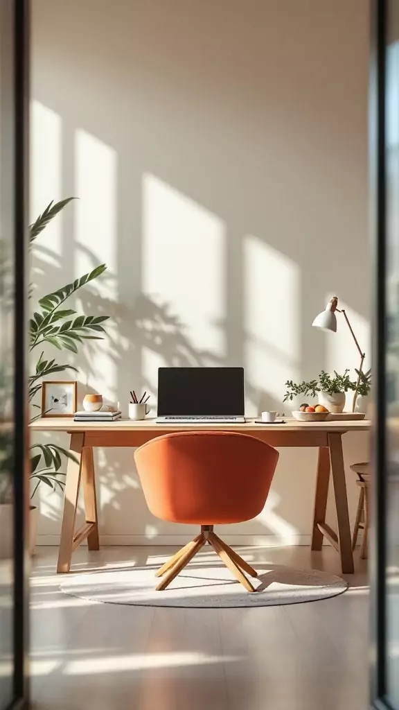 A serene Japandi style home office featuring a wooden desk, an orange chair, and plants, bathed in natural light.