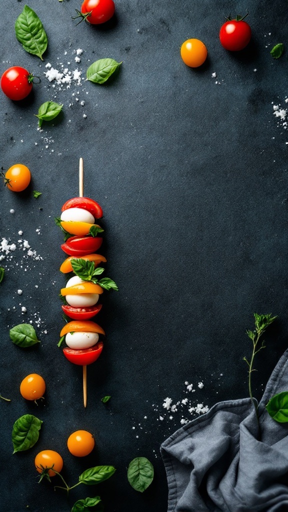 A skewer with cherry tomatoes, mozzarella balls, and basil leaves on a dark background