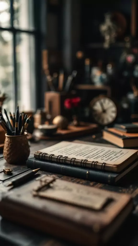 A cozy dark cottagecore home office with books, pens, and vintage decor.