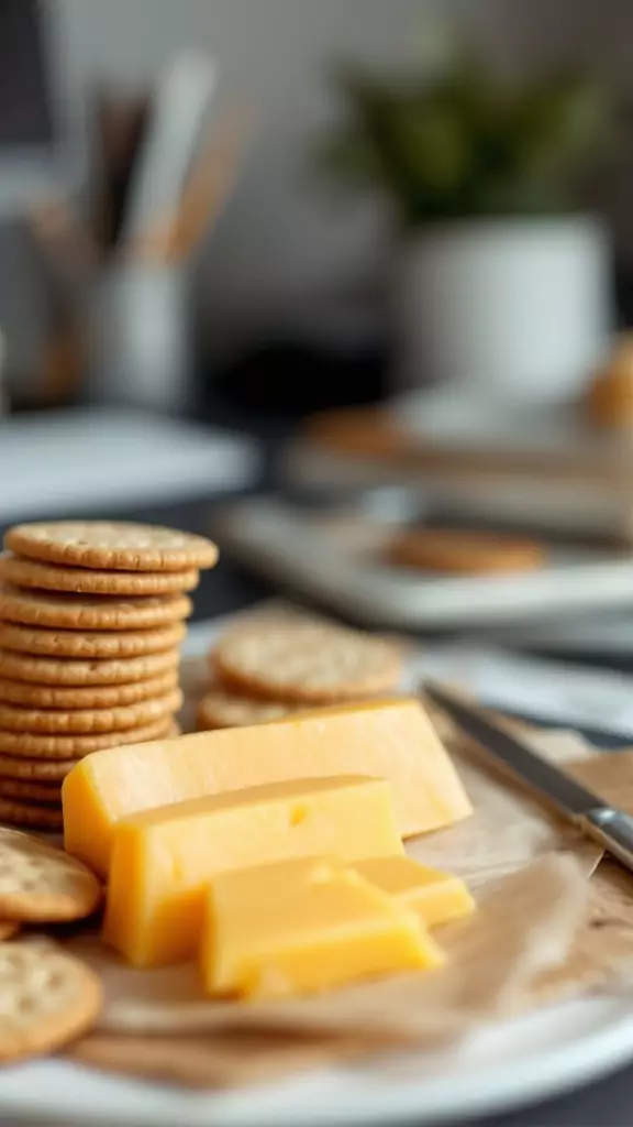 A plate with slices of cheese and a stack of whole grain crackers.