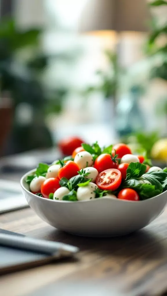 A bowl of cherry tomatoes and mozzarella balls with fresh basil