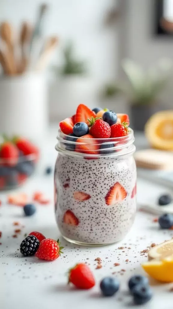 Chia seed pudding topped with strawberries, blueberries, and raspberries in a jar.