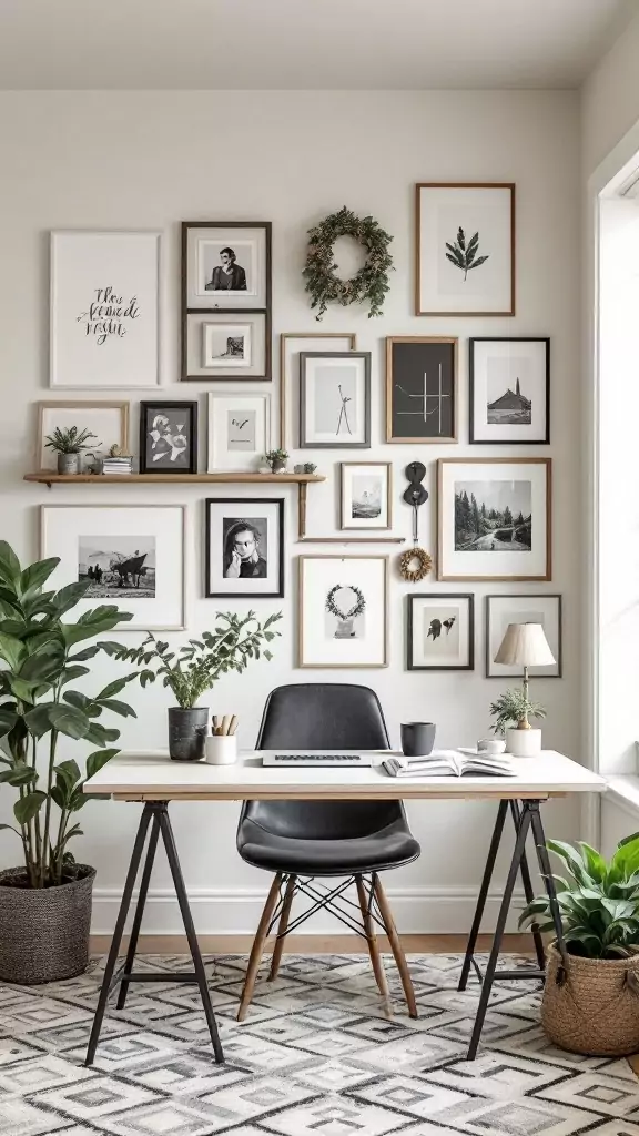 A modern farmhouse office with a gallery wall featuring various framed artworks and plants.