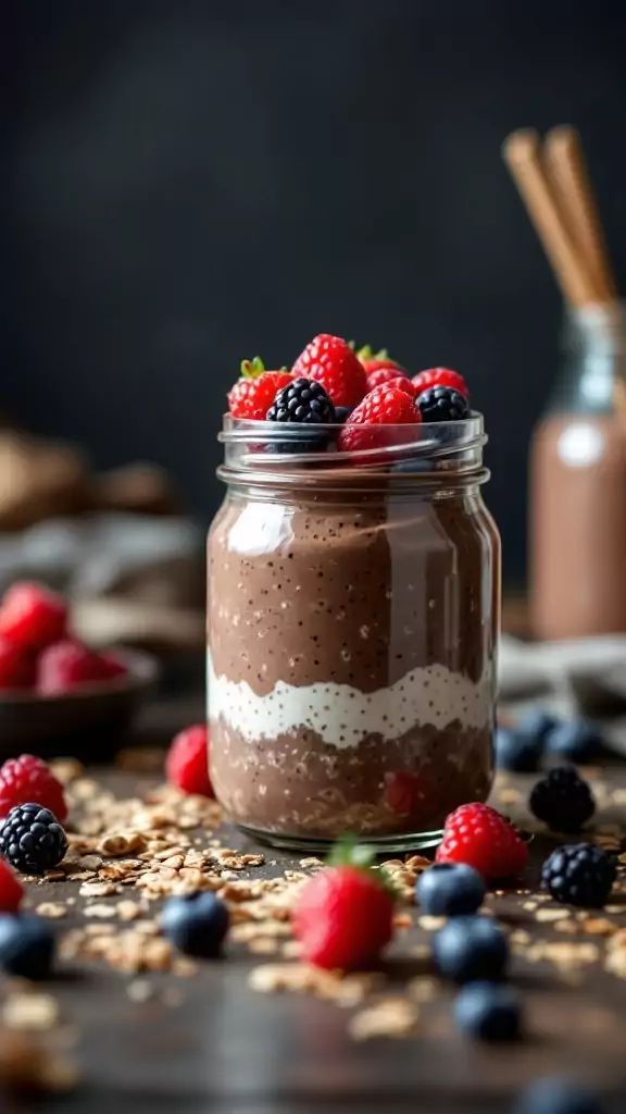 A jar of chocolate overnight oats topped with fresh berries