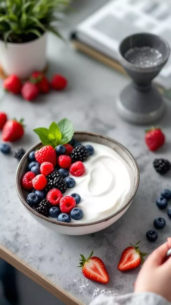 A bowl of coconut yogurt topped with a variety of fresh berries, including strawberries, blueberries, raspberries, and blackberries.