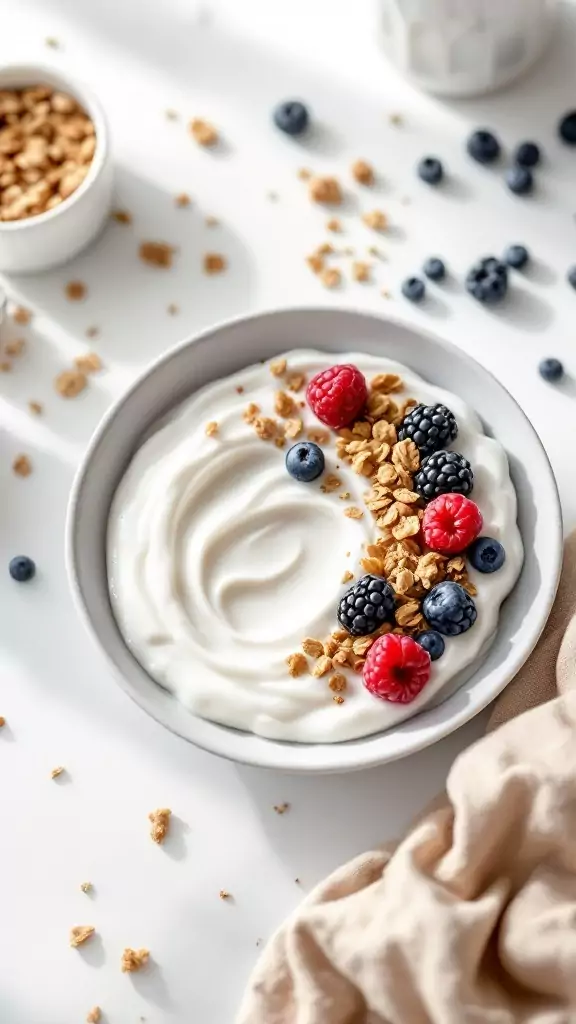 A bowl of coconut yogurt topped with granola and berries