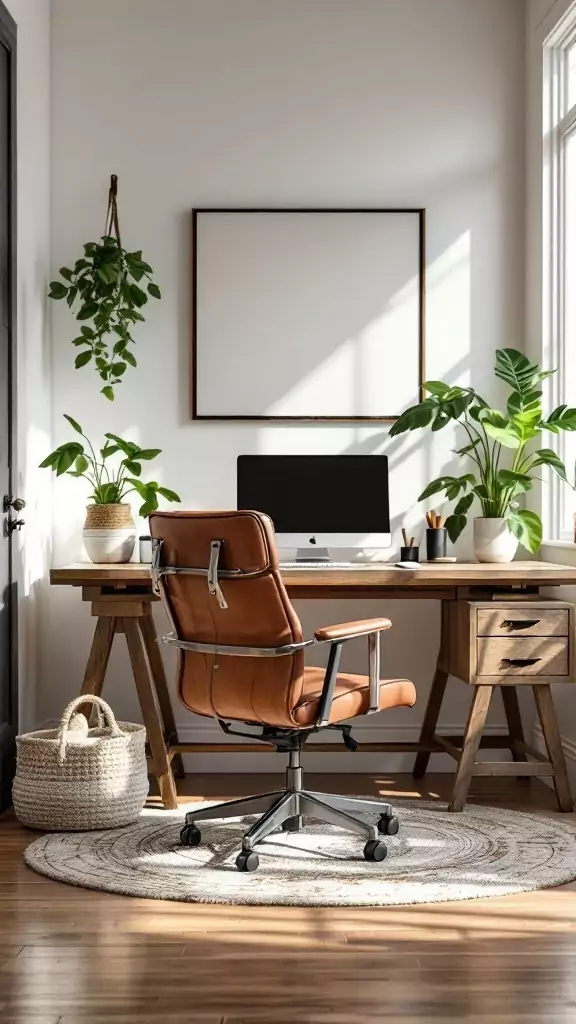 A cozy office chair in a stylish farmhouse home office setting