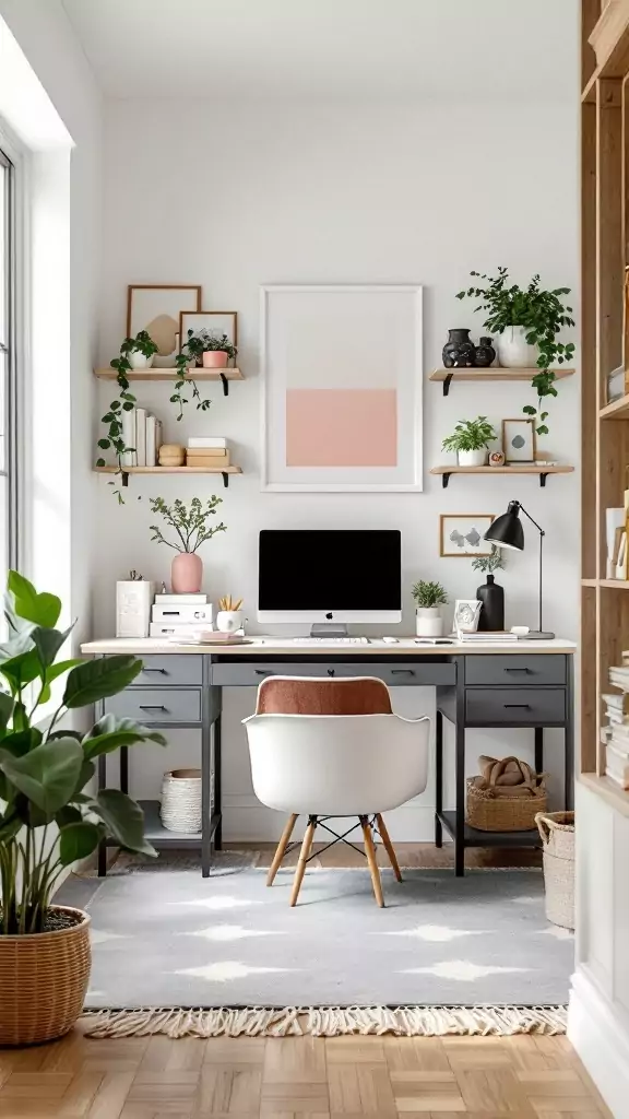 A cozy modern farmhouse office setup with a gray desk, plants, and pastel decor.