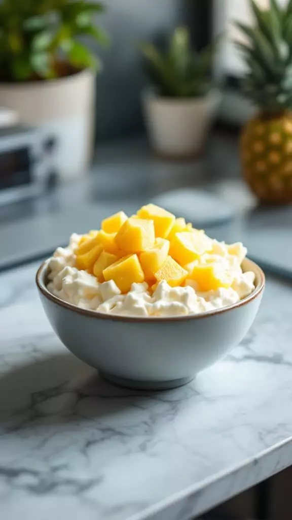 Bowl of cottage cheese topped with pineapple chunks on a marble table.