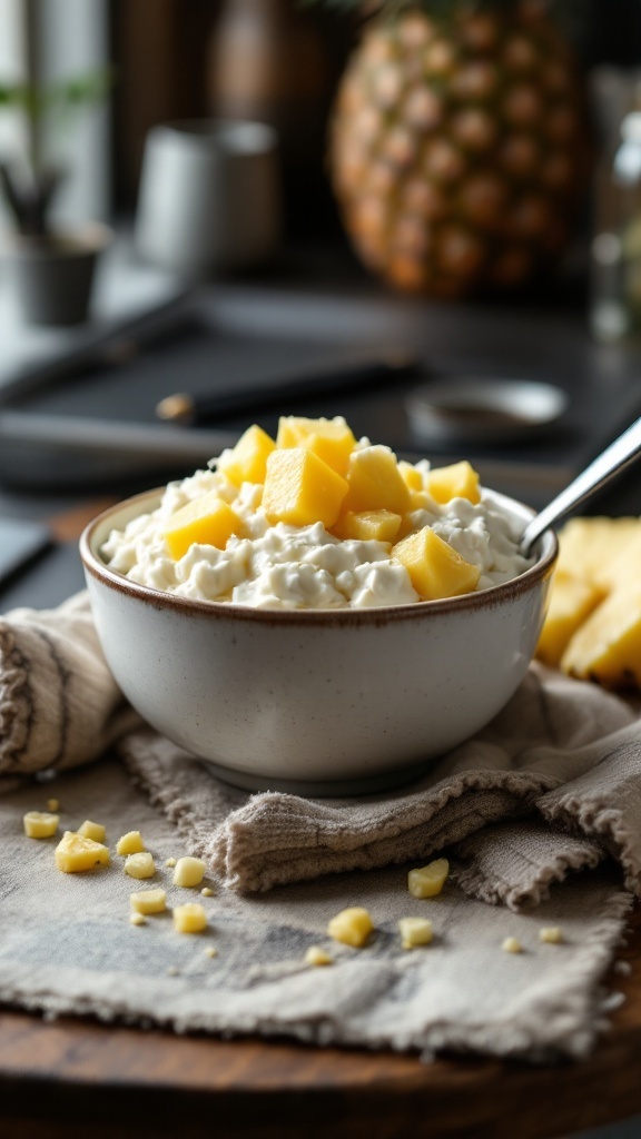 A bowl of cottage cheese topped with pineapple chunks on a rustic table.
