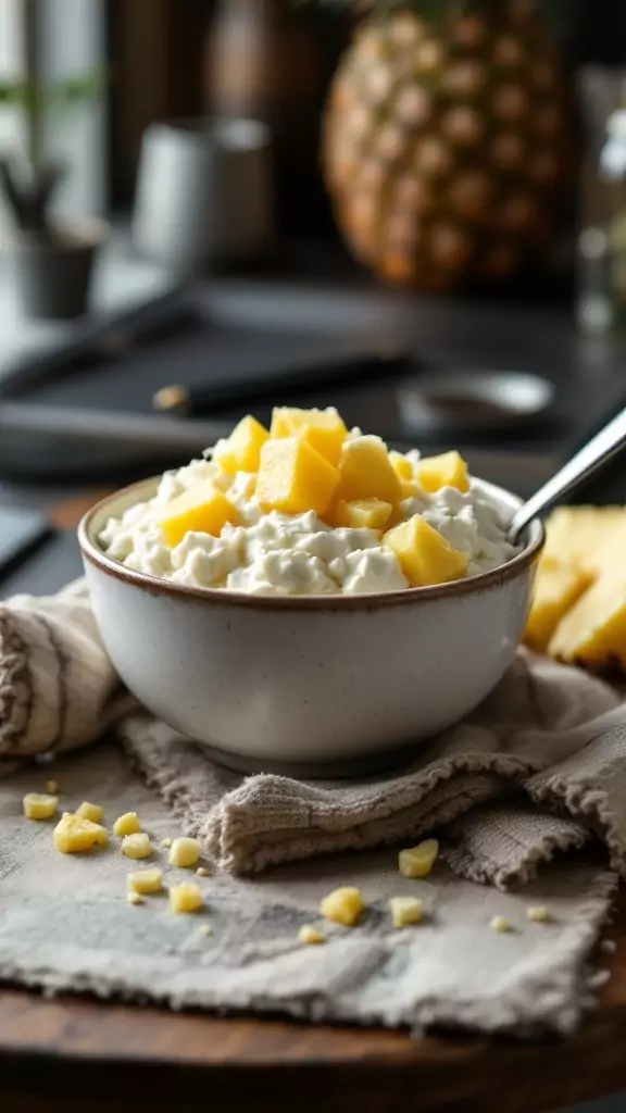 A bowl of cottage cheese topped with pineapple chunks on a rustic table.