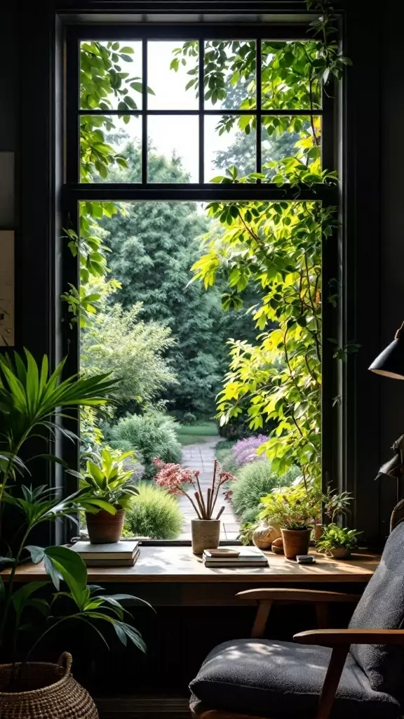 A window view of a vibrant garden from a dark cottagecore home office