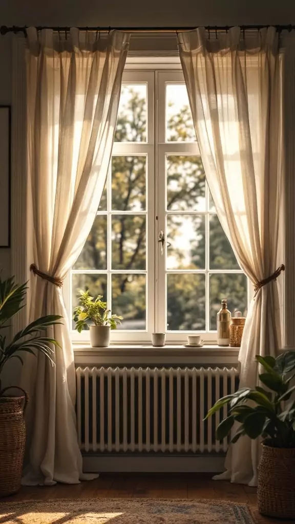 Bright, airy cottage style curtains hanging by a window in a modern farmhouse office.