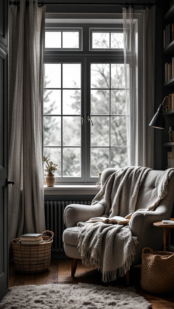 Cozy nook with a chair, soft blankets, and a window.