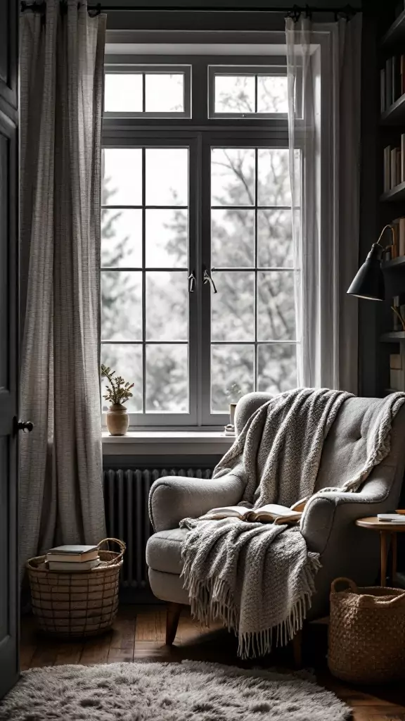 Cozy nook with a chair, soft blankets, and a window.