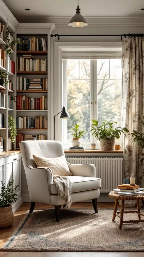 Cozy reading nook with a comfortable chair, a side table, and bookshelves filled with books.