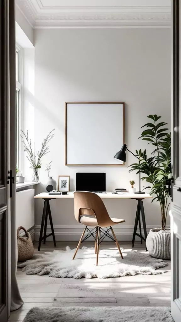 A minimalist Scandinavian home office featuring a sleek desk, natural wood flooring, and plants for a calm atmosphere.