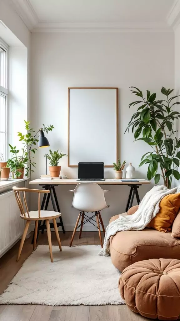 A stylish Scandinavian home office featuring a sleek desk, plants, and cozy seating.