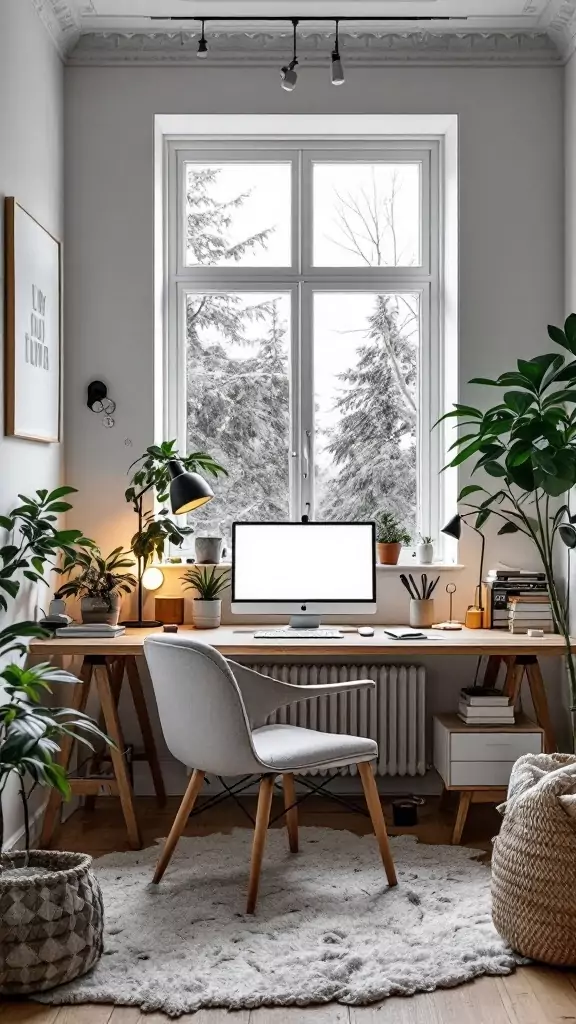 A cozy Scandinavian home office featuring a sleek desk, plants, and a bright window.