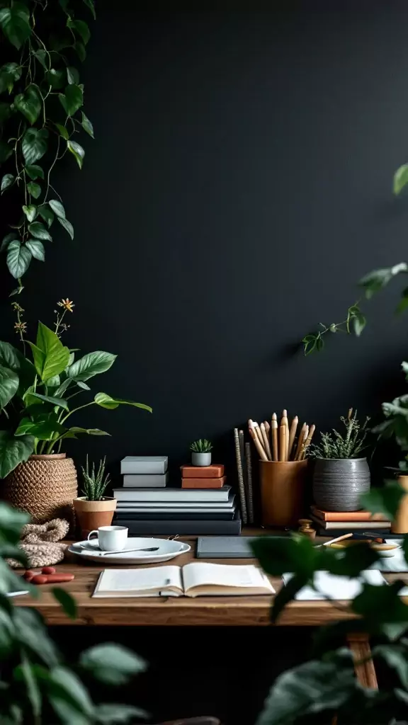 A dark cottagecore home office desk arrangement with plants, books, and a cup.