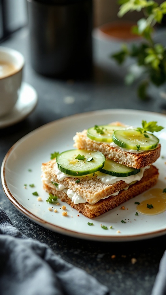 Cucumber and cream cheese sandwiches on a plate.