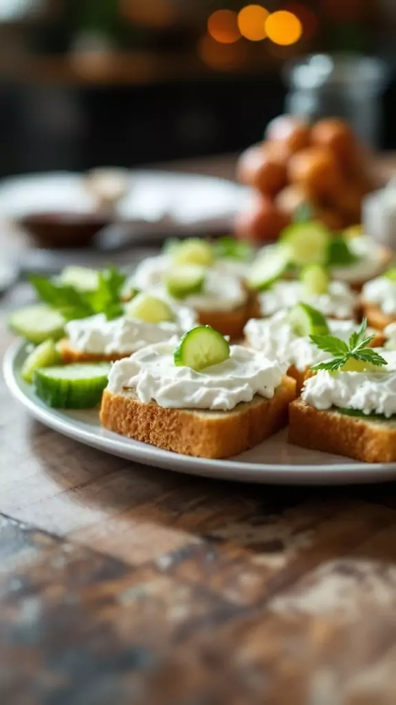 Cucumber sandwiches topped with cream cheese and garnished with herbs on a plate.