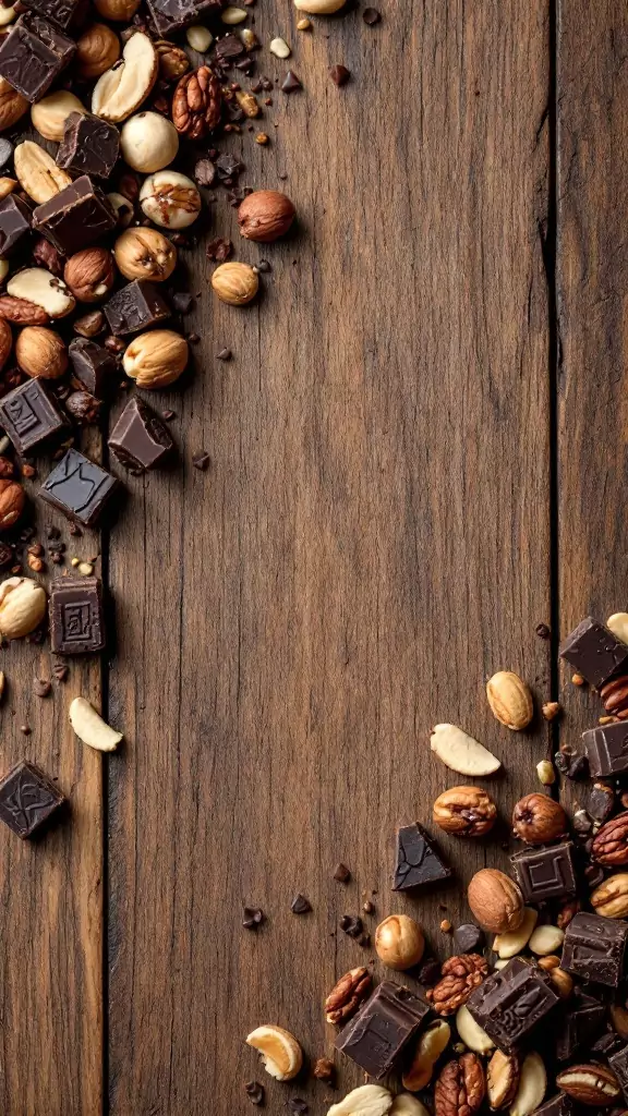 A variety of nuts and dark chocolate pieces scattered on a wooden surface.