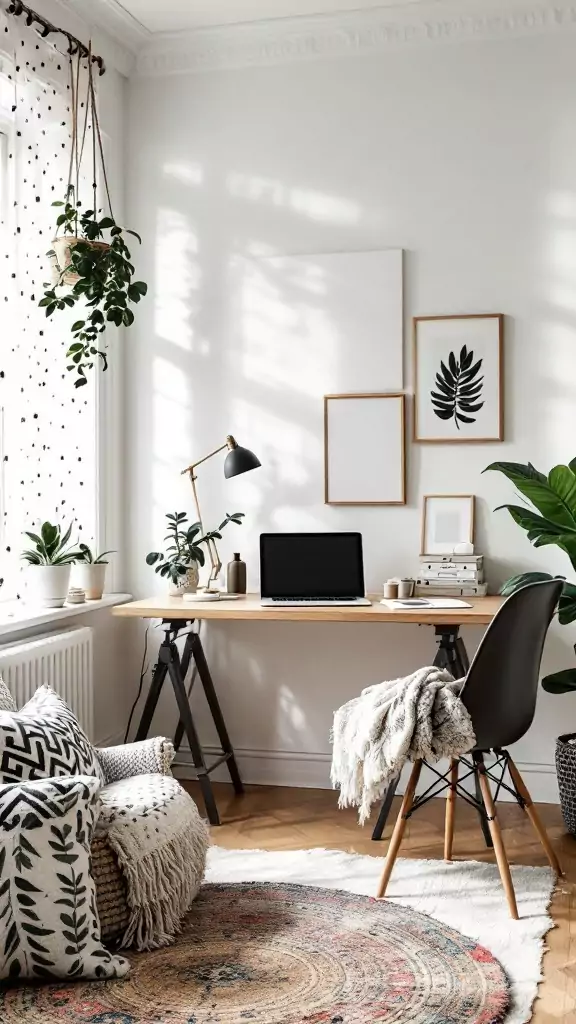 A cozy Scandinavian-inspired home office featuring a sleek modern desk, patterned cushions, and natural wood flooring.