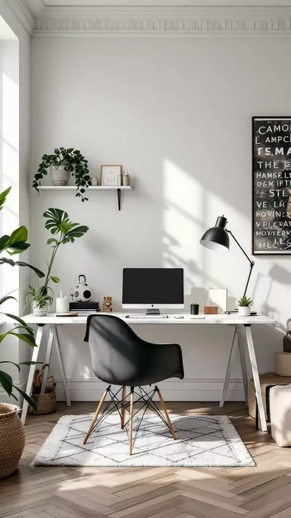 Modern Scandinavian home office with a sleek desk, chair, and plants.