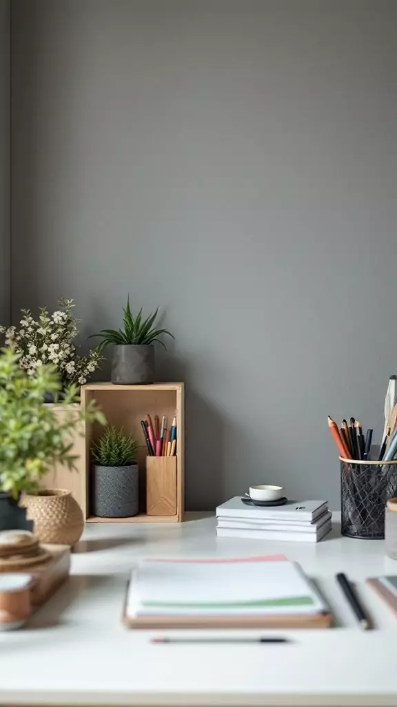 A neatly organized desk in a Japandi style home office, featuring wooden storage, plants, and a neutral color palette.