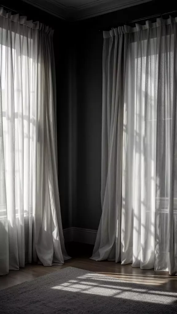 Light sheer curtains in a dark room casting soft shadows.