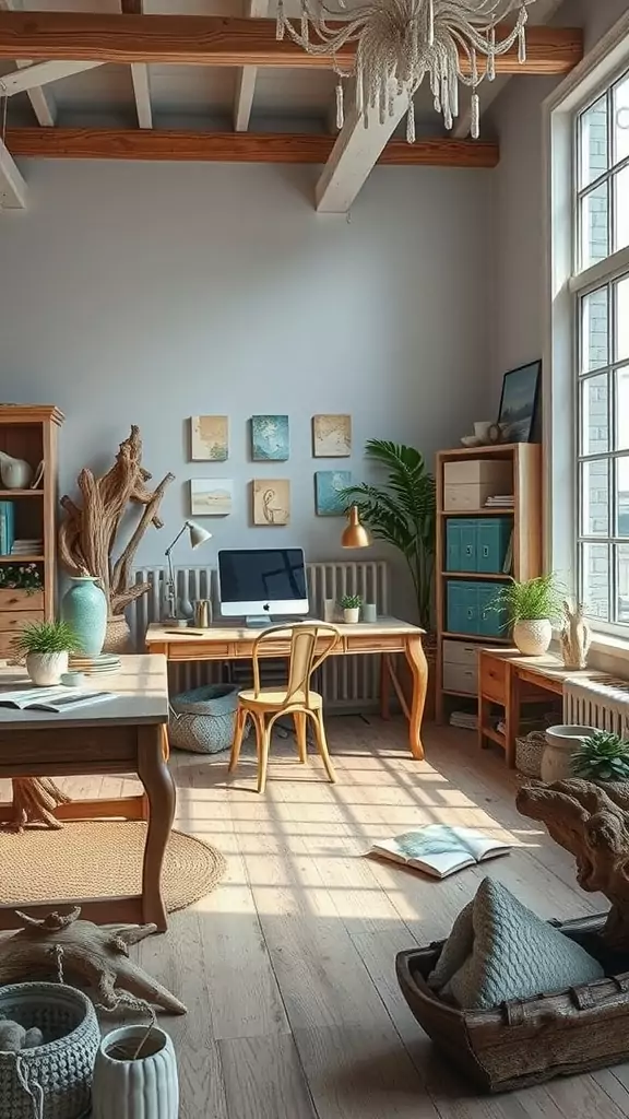 A coastal office with driftwood furniture accents and beach-themed decor.