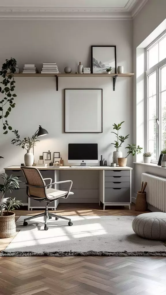 A stylish dual-purpose home office featuring a sleek modern desk, plants, and cozy decor.