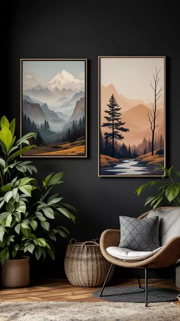 Dark Cottagecore home office with earthy accents and artwork.