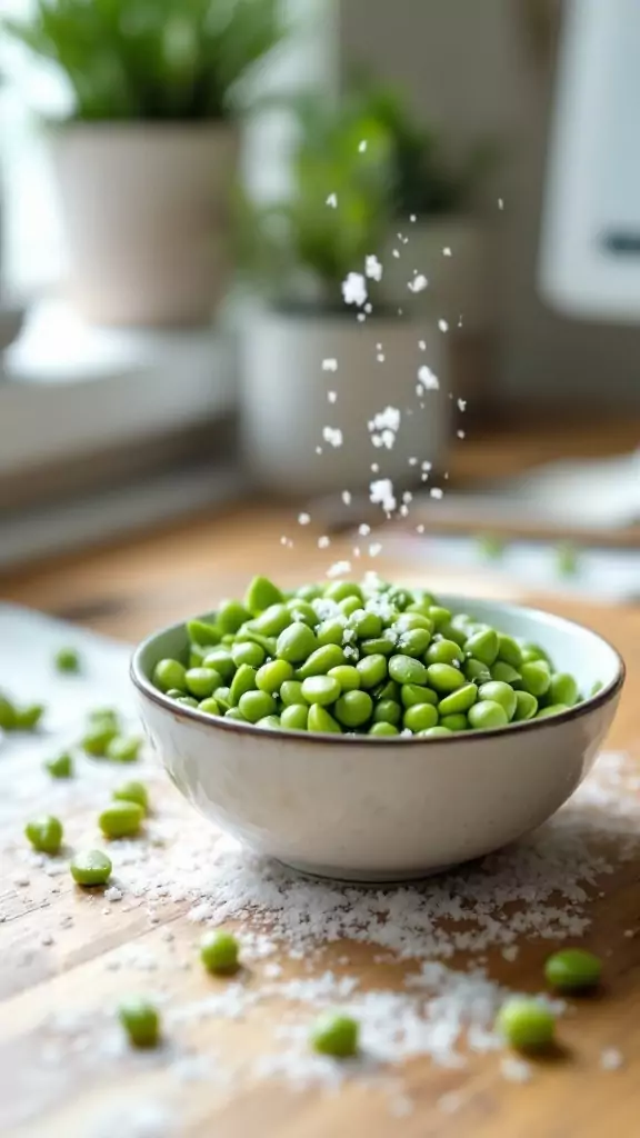 A bowl of edamame with sea salt on a wooden surface surrounded by green plants.