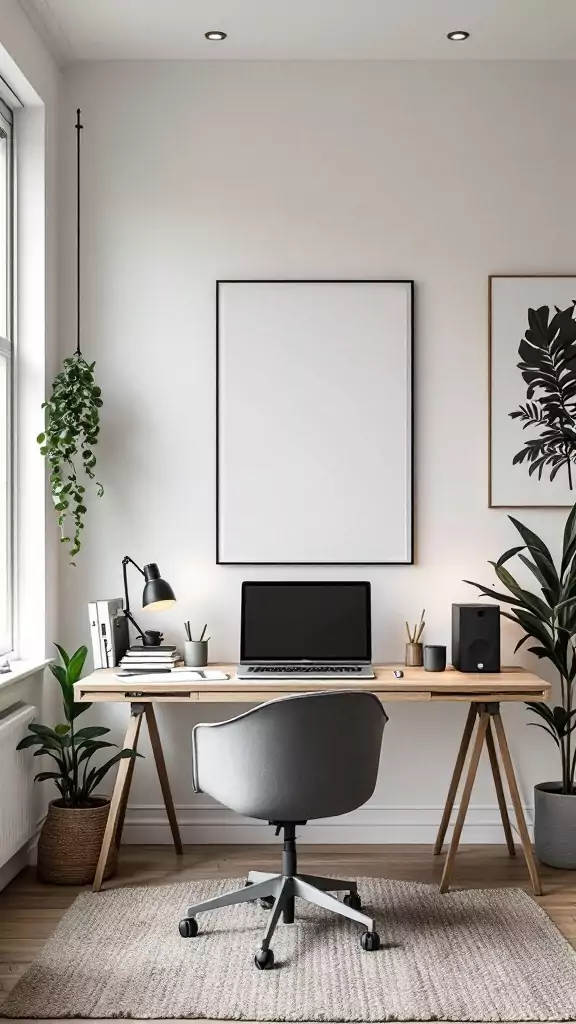 A minimalist Scandinavian home office with a sleek desk, plants, and natural wood flooring.