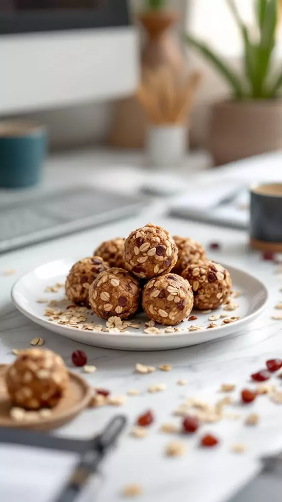 A plate of energy balls made with oats and dates on a desk