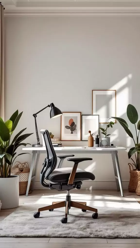 A cozy minimalist office featuring a sleek modern desk and an ergonomic chair.