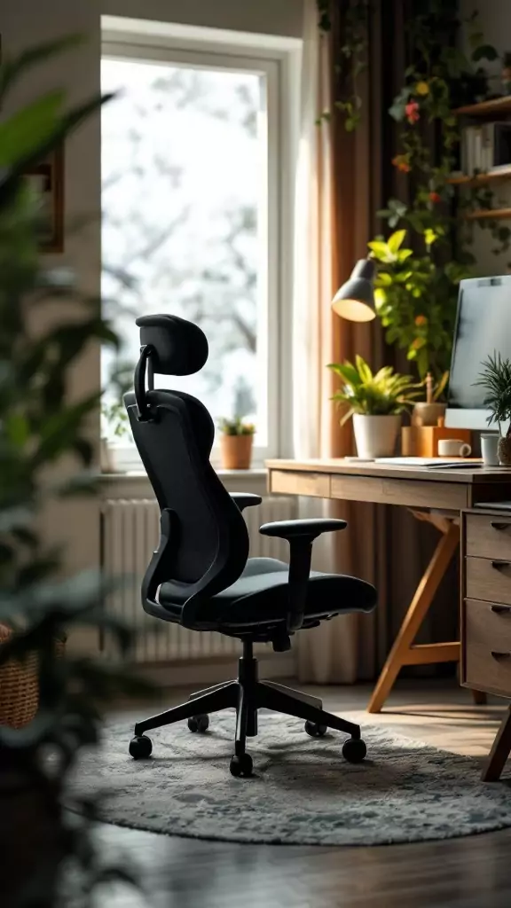 A stylish ergonomic chair in a serene home office setting with natural light and plants.