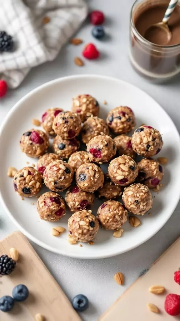 A plate of fruit and nut energy bites, perfect for a nutritious no-cook breakfast.