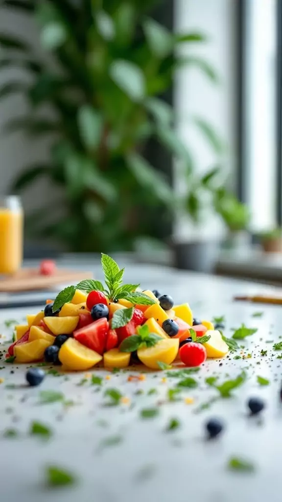 A colorful fruit salad with mint leaves, featuring various fruits on a table.