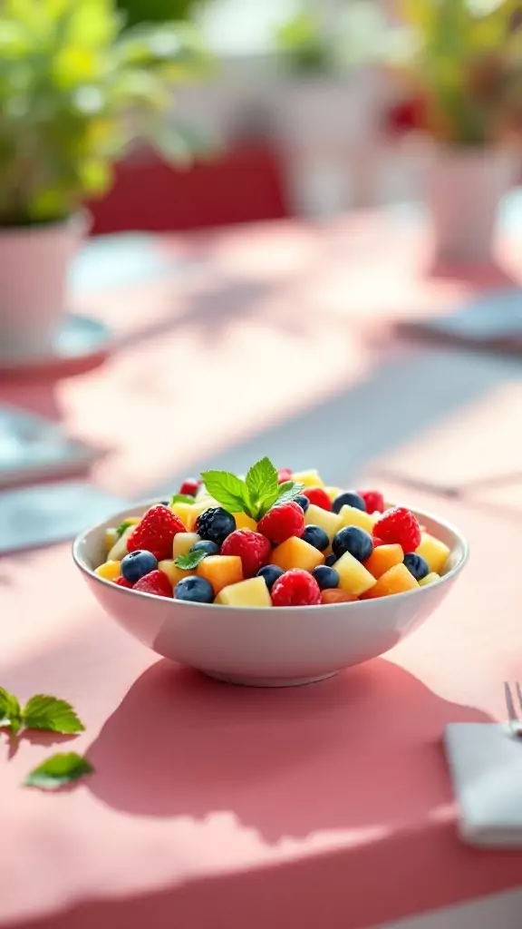 A bowl of colorful fruit salad with mint leaves on a pink table.