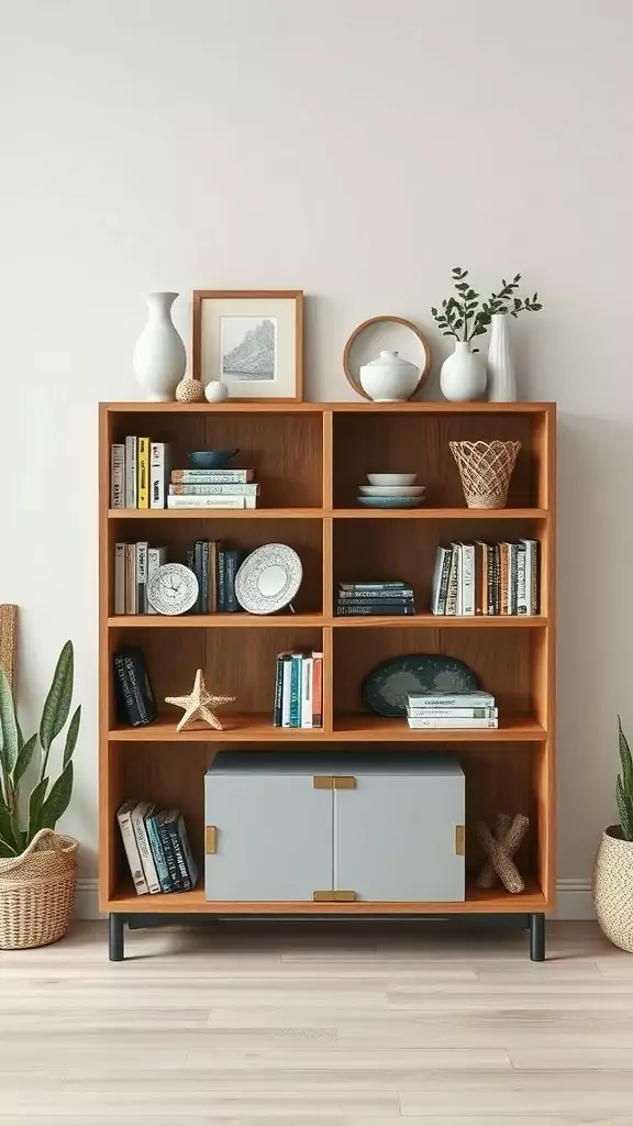 A wooden bookshelf with decorative items, books, and plants, showcasing functional coastal shelving.