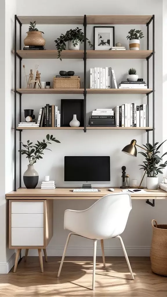 A minimalist home office featuring functional shelving with books and plants, reflecting Japandi style.