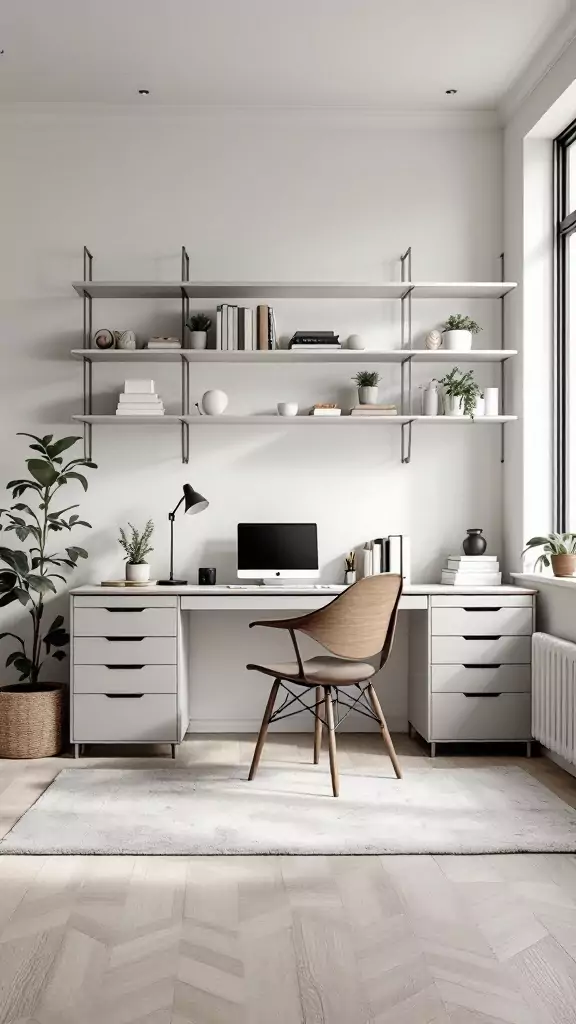 A cozy Scandinavian home office featuring a sleek modern desk, open shelving, and natural wood flooring.