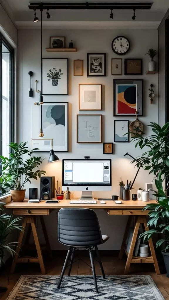 A stylish Japandi home office with a wooden desk, framed artworks on the wall, a comfortable chair, and indoor plants.