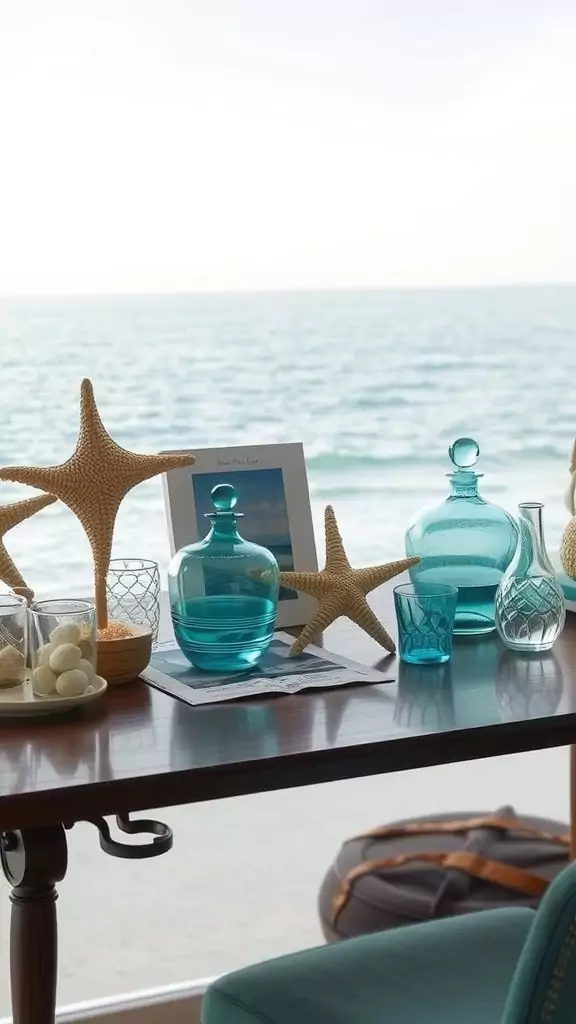 Decorative glass items on a desk with a view of the ocean.